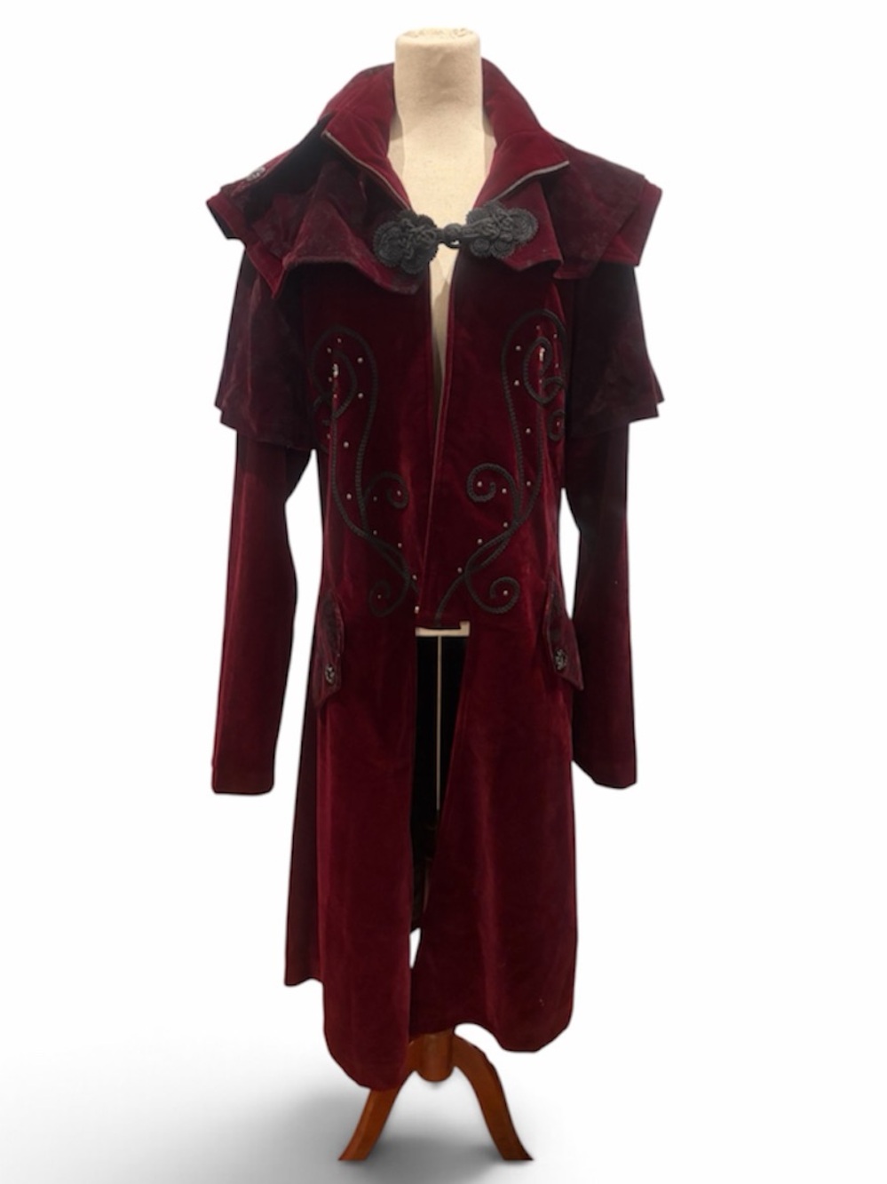 Unisex Burgundy Velvet Long Coat with Decorative Trim